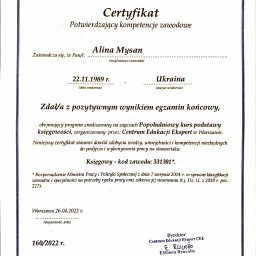 Certyfikat potwierdzający kompetencje w zawodzie 331301 - Księgowa