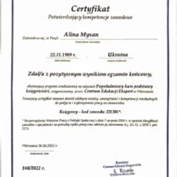 Certyfikat potwierdzający kompetencje w zawodzie 331301 - Księgowa