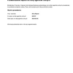 Potwierdzenie wpisu na listę agentów celnych