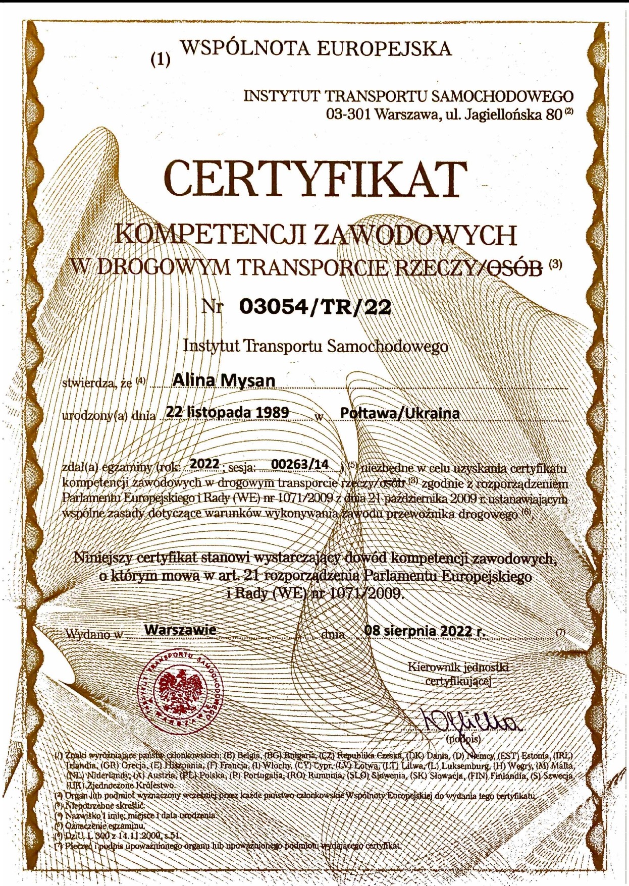 Certyfikat kompetencji zawodowych w drogowym transporcie rzeczy