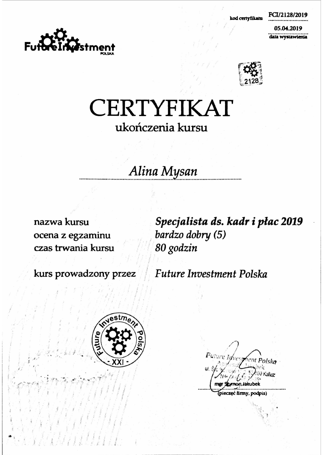 Certyfikat specjalisty ds. kadr i płac