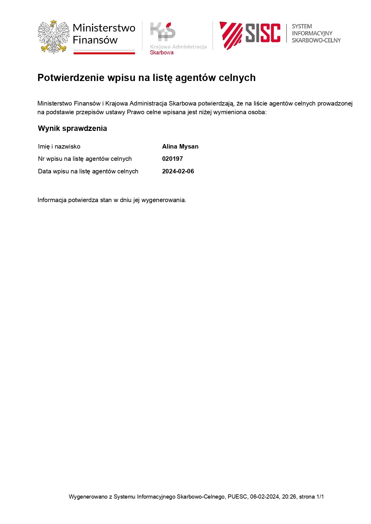 Potwierdzenie wpisu na listę agentów celnych