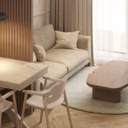 Neutralna kolorystyka salonu z drewnianą podłogą w jodełkę, beżową sofą, stolikiem kawowym z drewna i marmurowym stołem jadalnym z krzesłami, oświetlona lampą wiszącą.