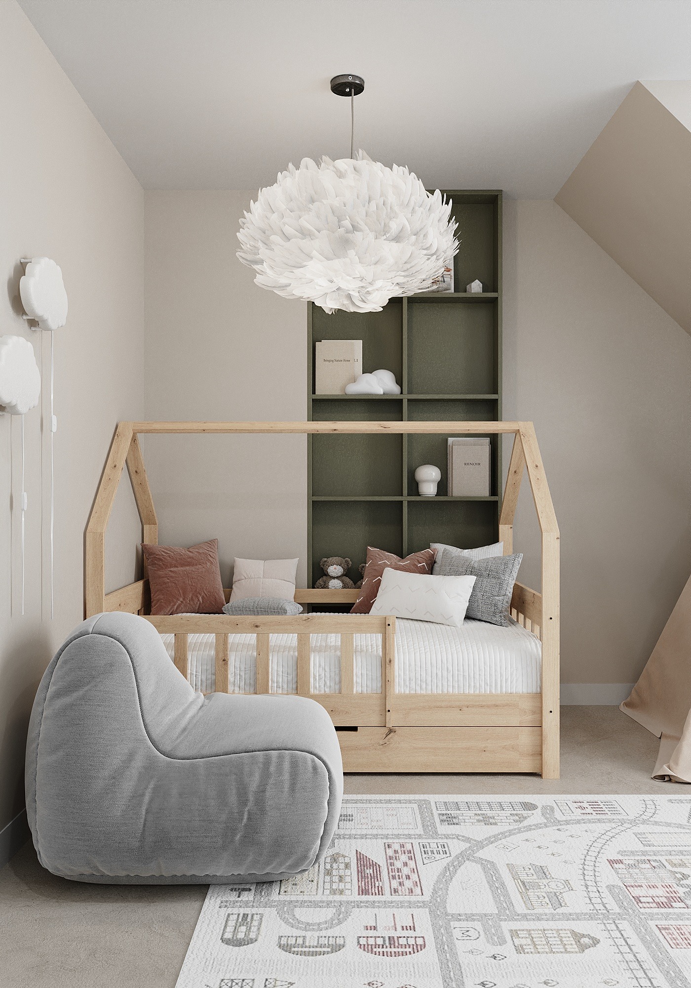 Pokój dziecięcy z drewnianym łóżkiem w kształcie domku, szarą pufą, wzorzystym dywanem i zielonym regałem na ścianie.