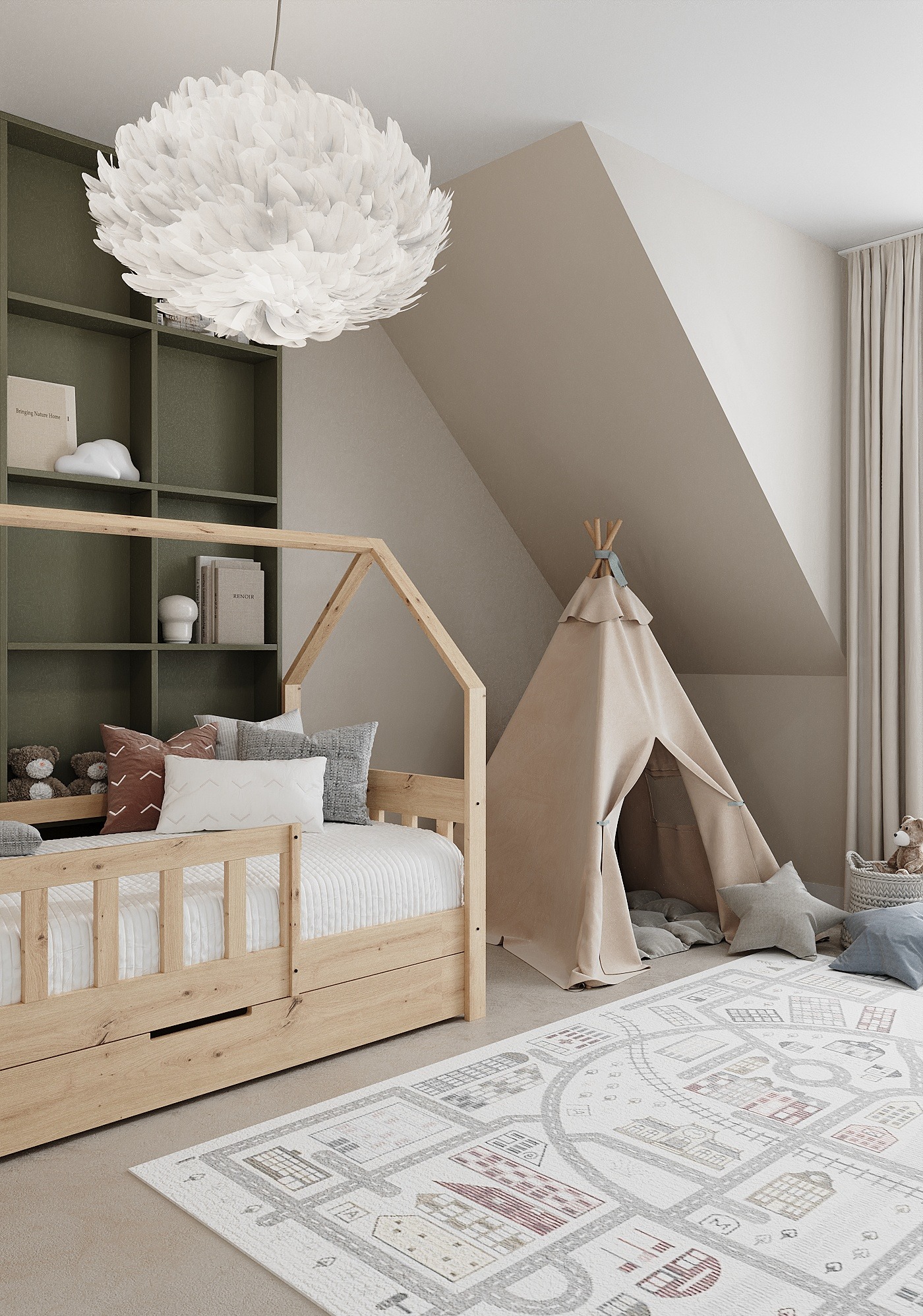 Pokój dziecięcy na poddaszu: łóżko domek z szufladą, tipi, dywan z motywem miasta, zielony regał i lampa z piór.