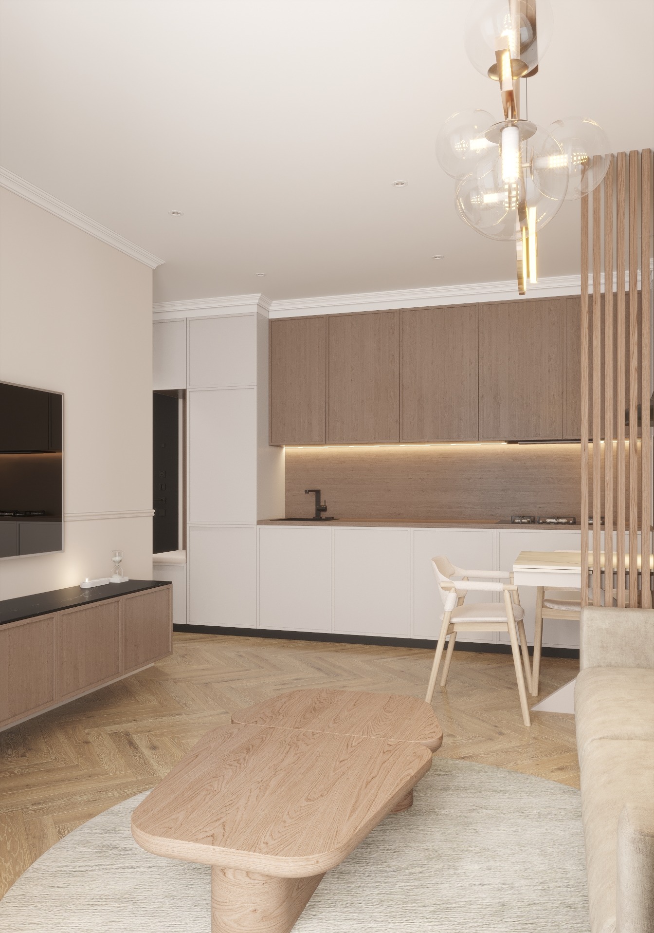 Jasne, przestronne wnętrze z drewnianą podłogą w jodełkę, minimalistyczna kuchnia z białymi szafkami dolnymi i drewnianymi górnymi, okrągły dywan pod drewnianym stolikiem kawowym i nowoczesna lampa...