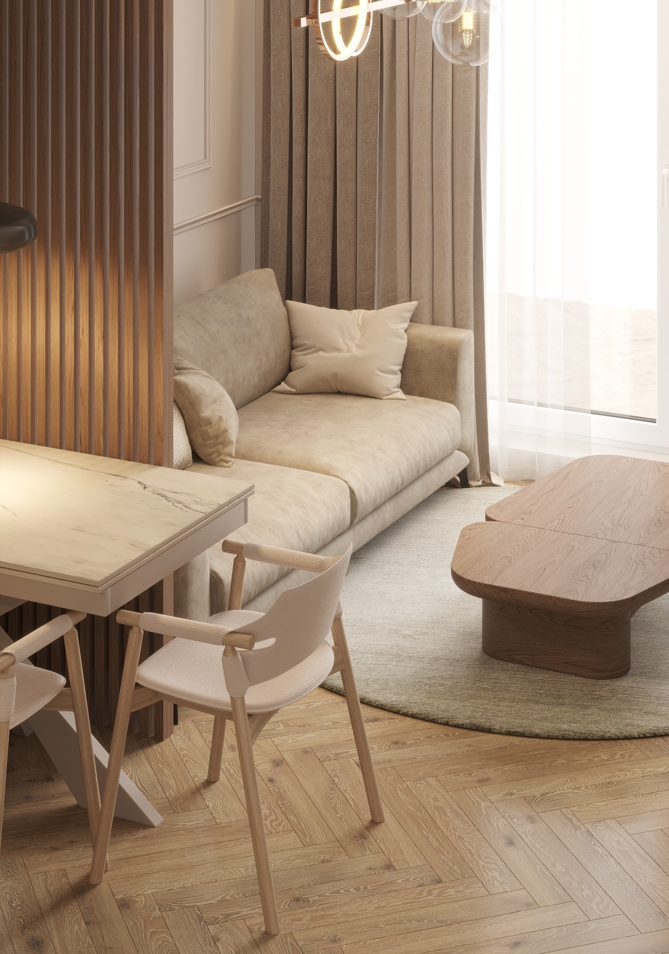 Neutralna kolorystyka salonu z drewnianą podłogą w jodełkę, beżową sofą, stolikiem kawowym z drewna i marmurowym stołem jadalnym z krzesłami, oświetlona lampą wiszącą.