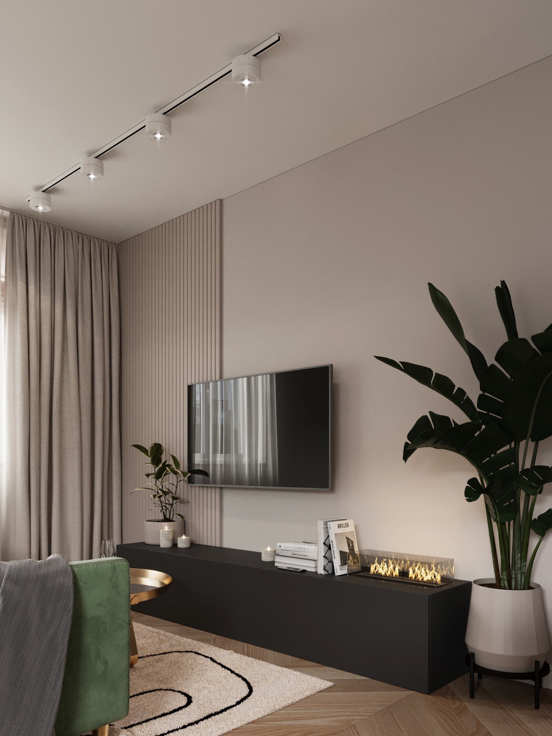 Nowoczesny salon z minimalistyczną szafką RTV, biokominkiem pod telewizorem, zielonym fotelem i dekoracyjnym oświetleniem szynowym