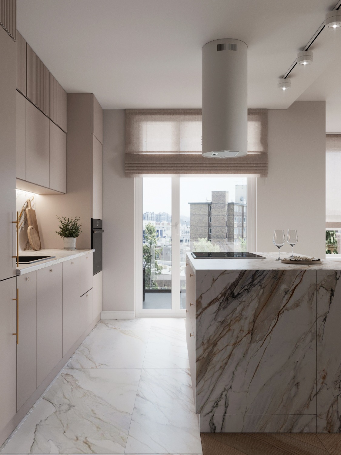 Nowoczesna kuchnia z marmurową wyspą, jasnymi szafkami i dużym oknem z widokiem na miasto.