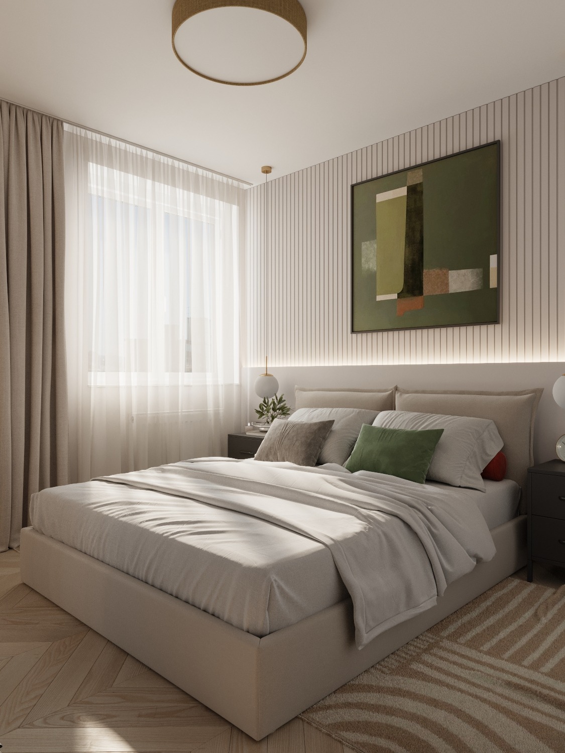 Nowoczesna sypialnia z łóżkiem kontynentalnym, obrazem w zielonej tonacji i drewnianą podłogą w jodełkę.