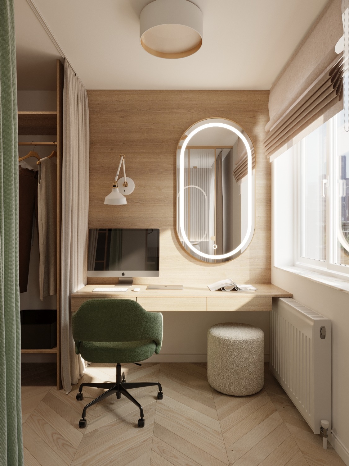 Aranżacja wnętrza: toaletka z podświetlanym lustrem, biurko z komputerem, zielone krzesło obrotowe i pufa na tle drewnianej ściany i parkietu w jodełkę.