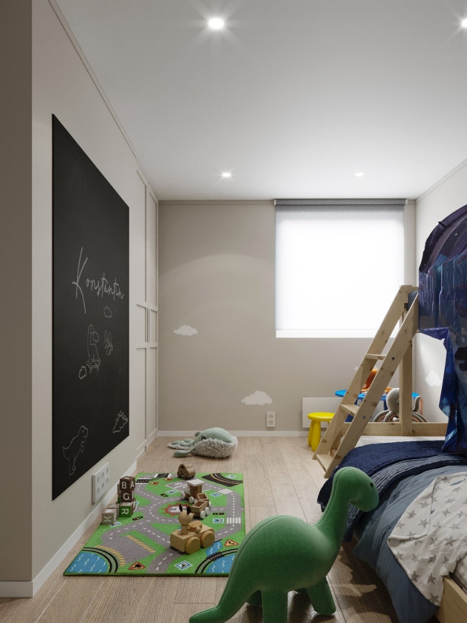 Pokój dziecięcy z łóżkiem piętrowym, drabinką, dywanem z motywem ulicznym, pluszowym dinozaurem i tablicą do pisania kredą z napisem 'Konstantin'.