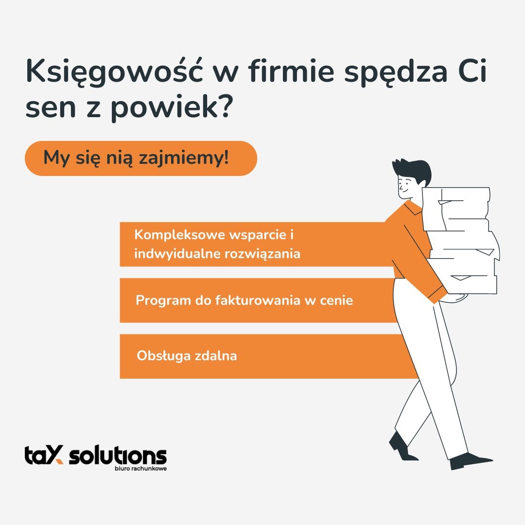 Ilustracja: Mężczyzna niesie stos dokumentów, obok napisy o kompleksowym wsparciu, programie do fakturowania i obsłudze zdalnej. W tle pytanie o księgowość w firmie i obietnica zajęcia się nią.