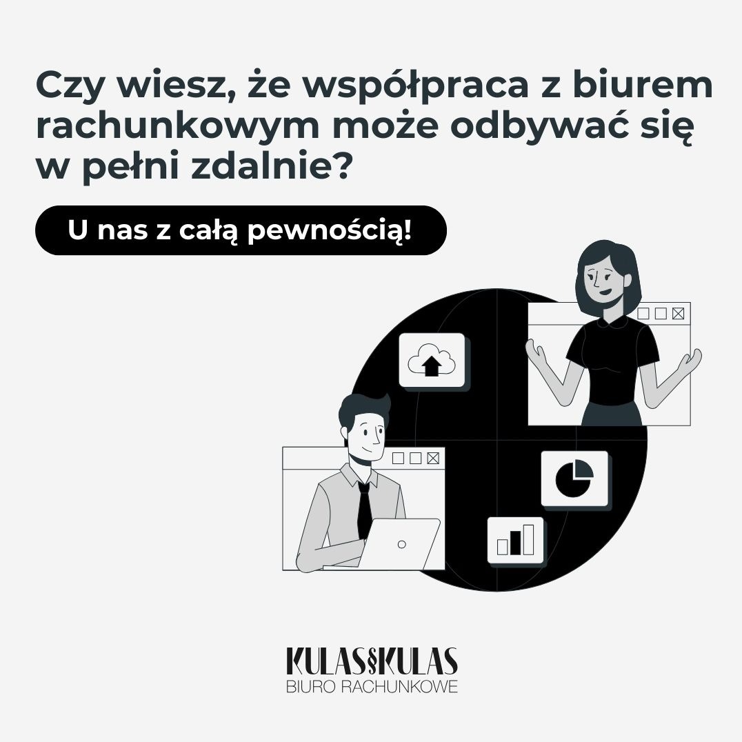 Grafika biura rachunkowego: zdalna współpraca. Ilustracje osób pracujących online, ikony chmury i wykresów. Logo firmy na dole. Informacja o zdalnej obsłudze.