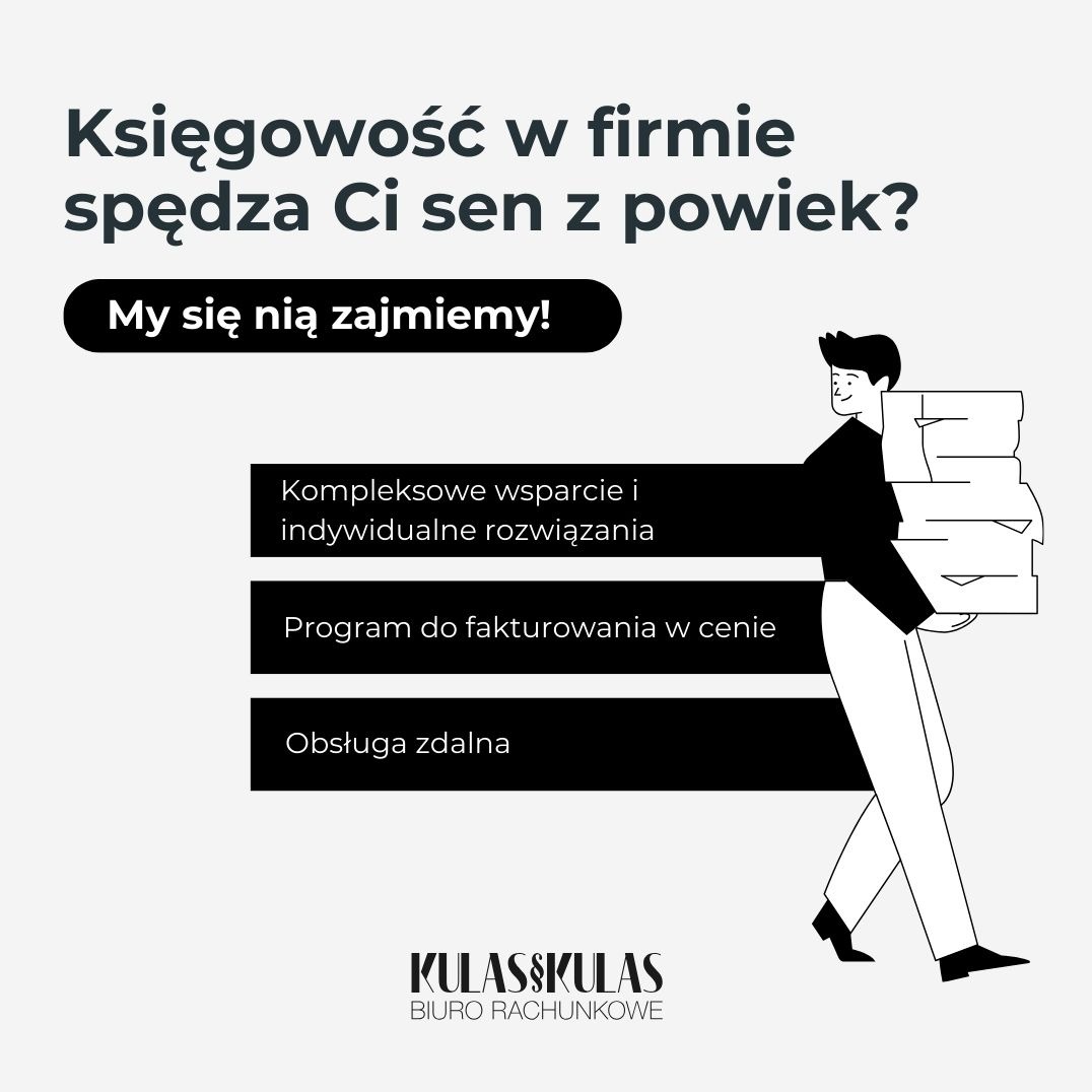 Grafika biura rachunkowego: mężczyzna niesie stertę dokumentów, hasła o kompleksowym wsparciu, programie do fakturowania i obsłudze zdalnej. Logo firmy w dolnej części.