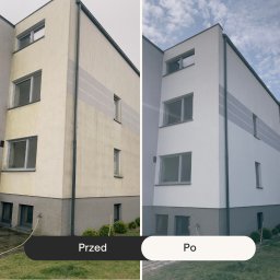 COB SPÓŁKA Z OGRANICZONĄ ODPOWIEDZIALNOŚCIĄ - Elewacja budynku przed i po odświeżeniu: po lewej stronie brudna, po prawej czysta, pomalowana na biało z szarym pasem. Widoczne okna i roślinność.
