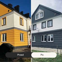COB SPÓŁKA Z OGRANICZONĄ ODPOWIEDZIALNOŚCIĄ - Zdjęcie elewacji domu przed i po malowaniu: odcień żółty i biały przed, szary i biały po renowacji. Widoczna antena satelitarna.
