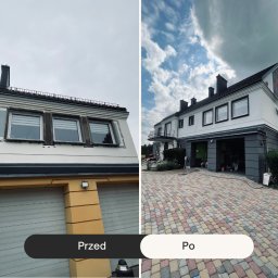 COB SPÓŁKA Z OGRANICZONĄ ODPOWIEDZIALNOŚCIĄ - Elewacja domu przed i po malowaniu: odświeżona biel z grafitowymi akcentami, odnowiona kostka brukowa, poprawiony wygląd garażu.