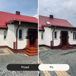 Dom jednorodzinny przed i po odświeżeniu elewacji, z widoczną różnicą w kolorystyce i czystości elewacji oraz kostki brukowej. Czerwony dach, biała elewacja.