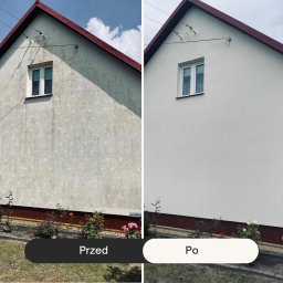 COB SPÓŁKA Z OGRANICZONĄ ODPOWIEDZIALNOŚCIĄ - Elewacja domu: porównanie stanu przed myciem (zabrudzenia, cień) i po (czysta, jasna). Widoczne okno i fragment dachu z czerwoną dachówką. Efekt 'przed i po'.