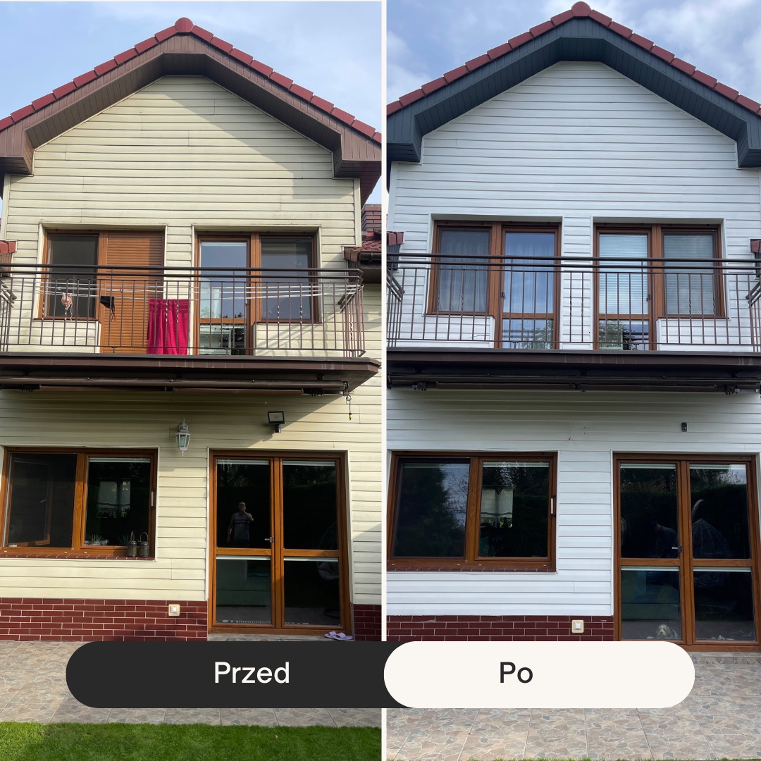 Zdjęcie elewacji domu przed i po malowaniu. Część 'przed' w odcieniach beżu, część 'po' w bieli. Widoczny balkon i okna z drewnianymi ramami.