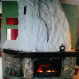 Ozdobny kominek z kamienną obudową i płomieniami w palenisku, zwieńczony nieregularną, białą strukturą przypominającą stalaktyty, z dekoracyjnym zegarem na półce.