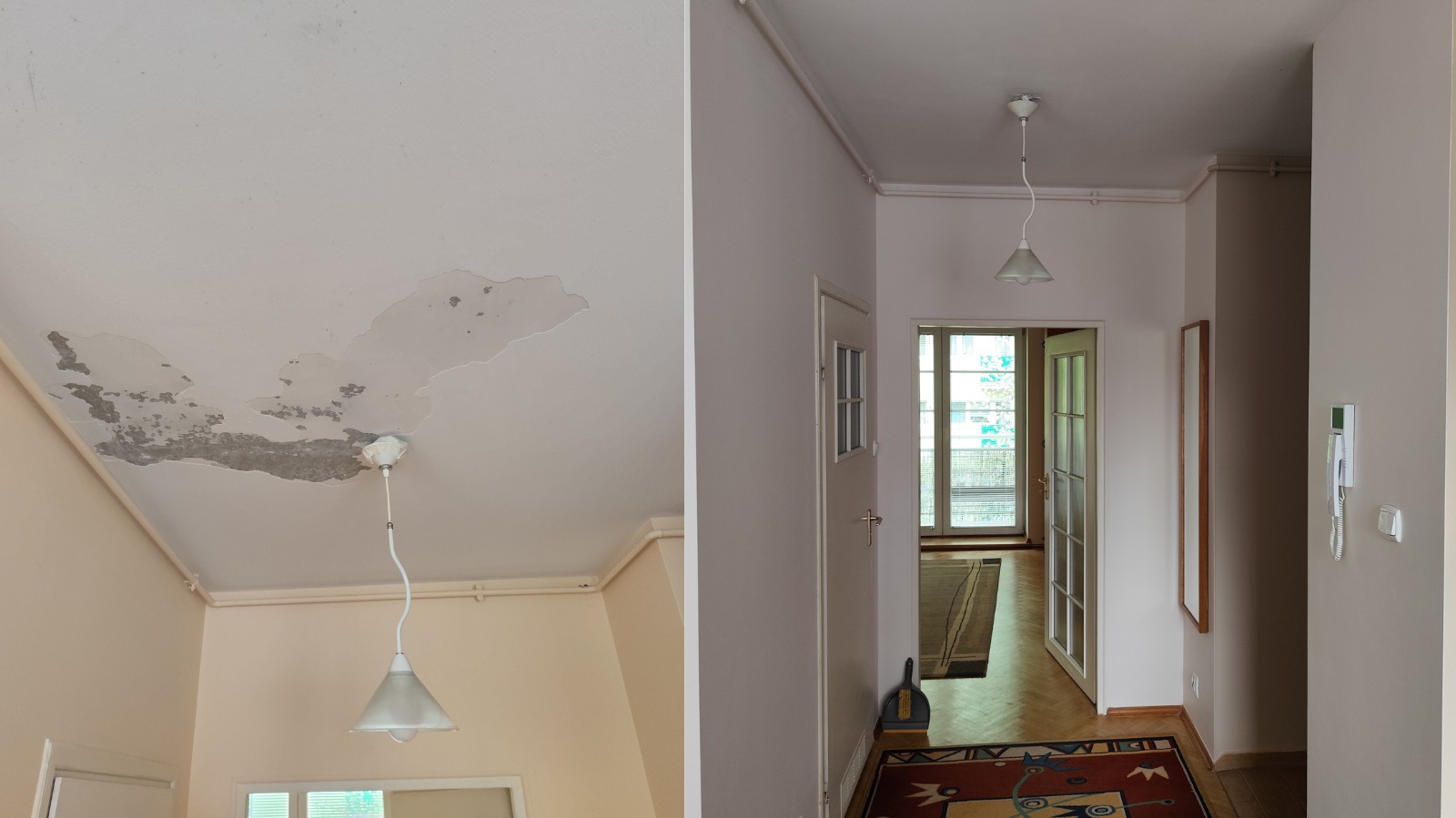 Uszkodzony sufit z widocznymi plamami i odpadającą farbą, na tle przedpokoju z widocznym oświetleniem i drzwiami balkonowymi.