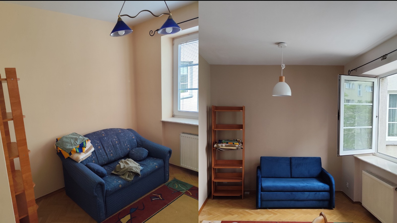 Pokój przed i po malowaniu ścian na beżowo, widoczna zmiana oświetlenia i mebli, nowa sofa i odświeżone wnętrze.