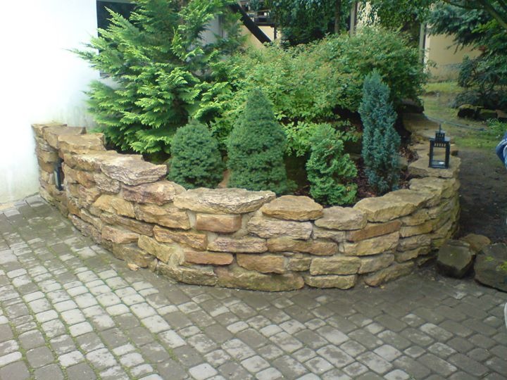 Kamienna rabata z różnorodnymi iglakami i krzewami ozdobnymi, obok ścieżka z kostki brukowej.