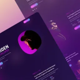 Projekt strony internetowej prezentujący portfolio programisty front-end z ciemnym tłem i gradientem fioletowo-różowym, zawierający zdjęcia portretowe i przyciski CTA.