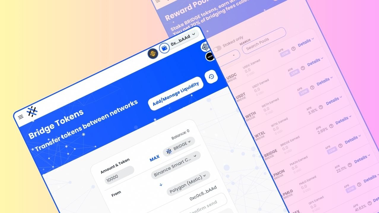 Interfejs aplikacji do transferu tokenów kryptowalutowych między sieciami, z widocznymi polami do wprowadzania danych transakcji i listą dostępnych pul nagród.