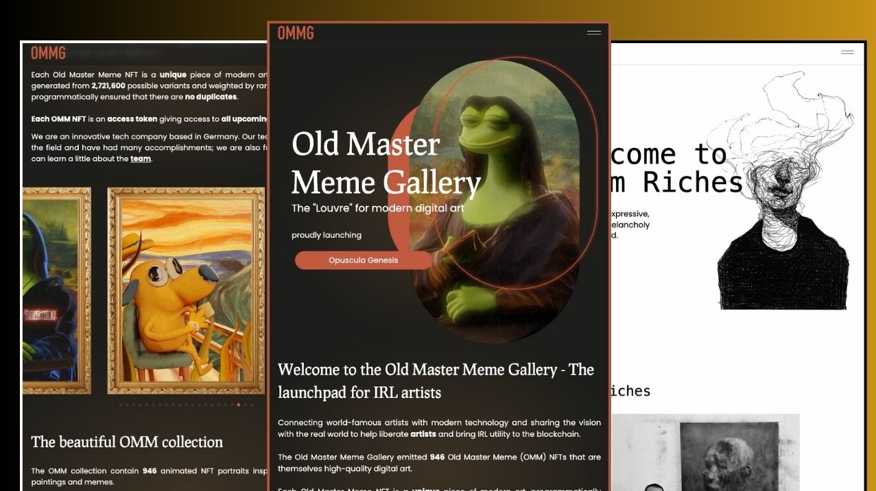 Zrzut ekranu strony internetowej Old Master Meme Gallery prezentującej kolekcję NFT inspirowanych klasycznymi obrazami i memami, z motywem Mona Lisy w postaci żaby.