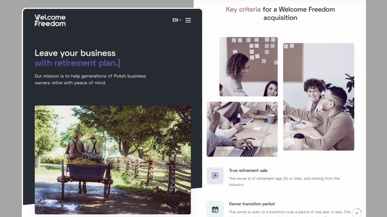 Kompozycja graficzna strony internetowej firmy oferującej pomoc w planowaniu emerytury dla polskich przedsiębiorców, z ilustracją wozu z dwoma osobami na tle wiejskiego krajobrazu oraz zdjęciami...