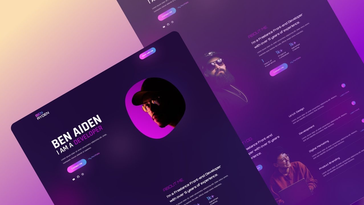 Projekt strony internetowej prezentujący portfolio programisty front-end z ciemnym tłem i gradientem fioletowo-różowym, zawierający zdjęcia portretowe i przyciski CTA.