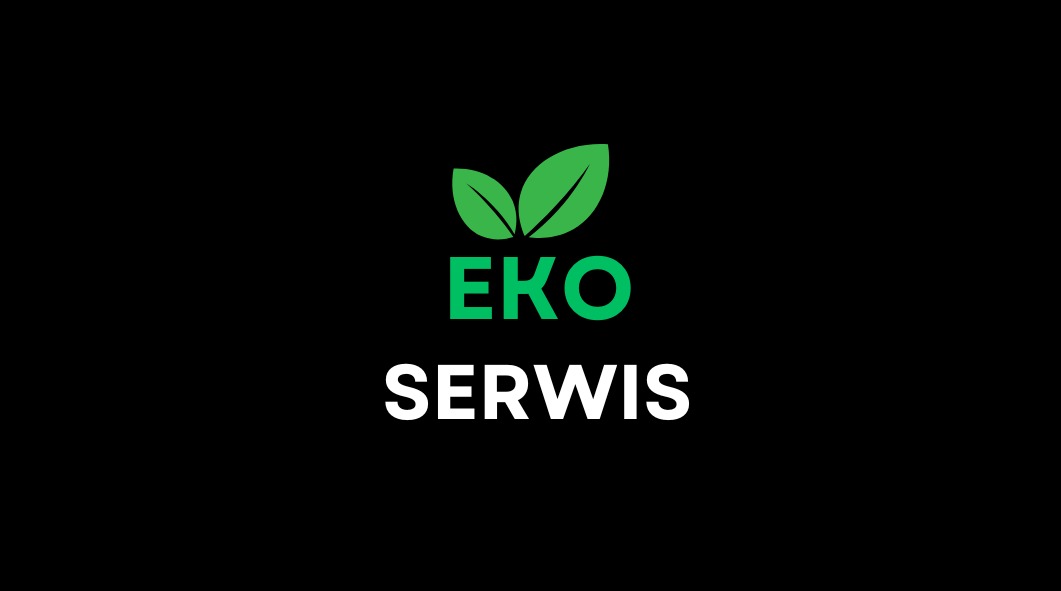 Logo firmy EKO SERWIS z zielonymi listkami nad napisem EKO i białym napisem SERWIS na czarnym tle. Minimalistyczny design.