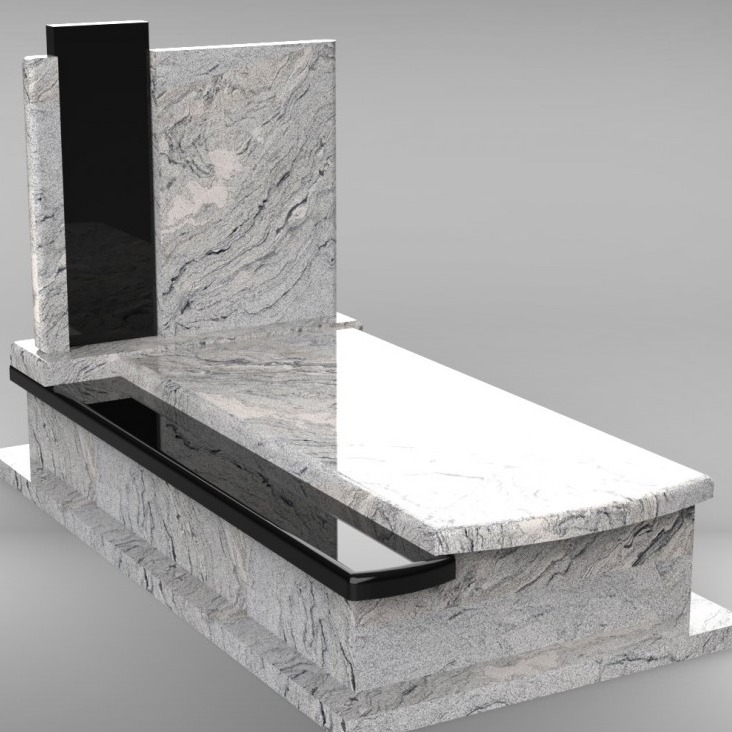 Pomnik z jasnoszarego kamienia z czarnymi elementami, widok z boku, render 3D.