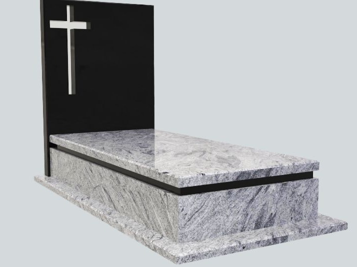 Nowoczesny nagrobek z jasnego granitu z czarną tablicą z wyciętym krzyżem, prezentowany na jednolitym szarym tle.