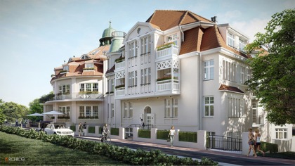 Wizualizacja zewnętrzna budynku Baltic Luxury Residence: trzypiętrowa, biała kamienica z czerwonym dachem, balkonami z białymi balustradami i zielonymi roślinami, widok z poziomu ulicy na fasadę...