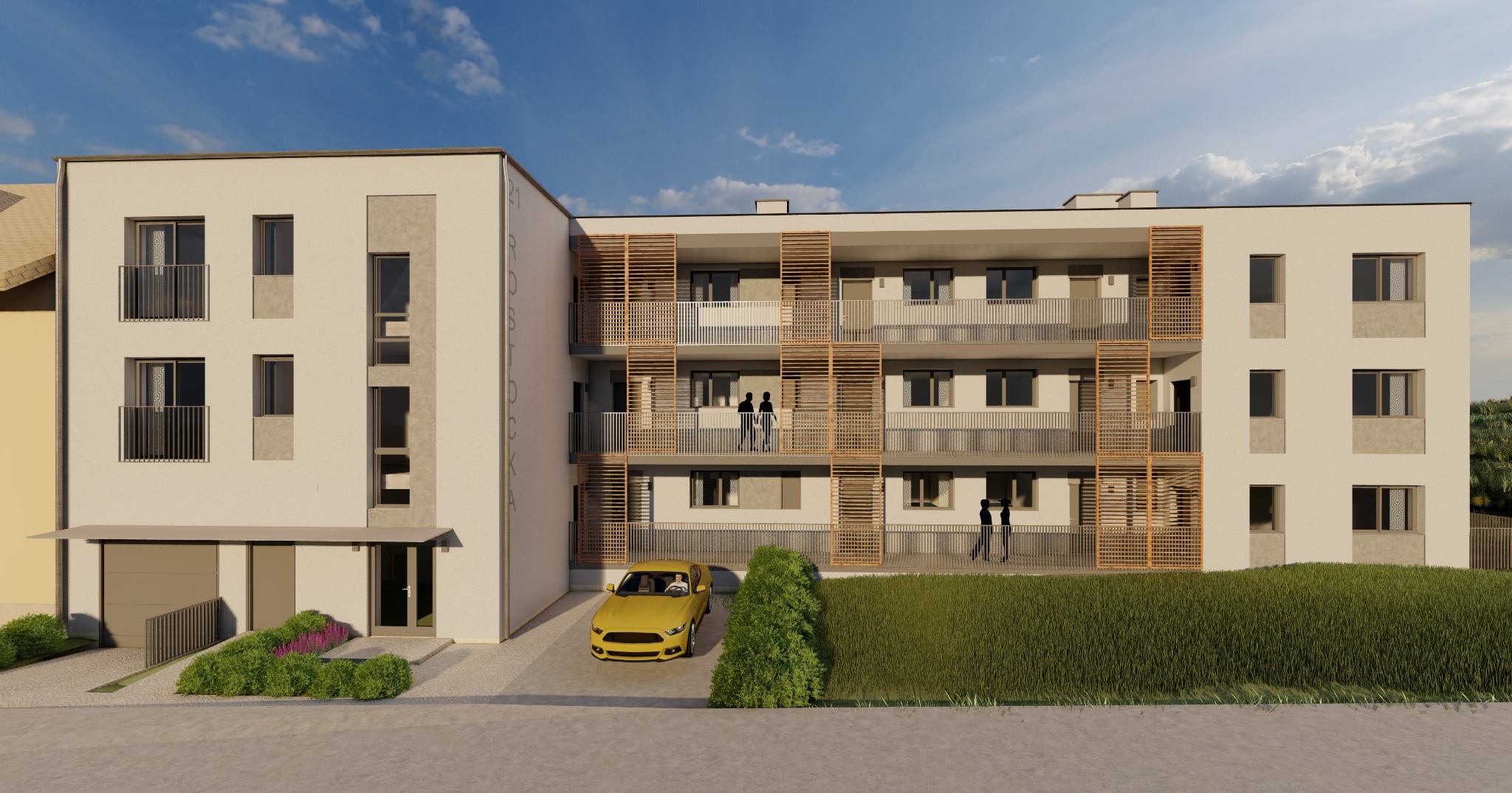 Wizualizacja zewnętrzna nowoczesnego budynku apartamentowego z balkonami, żółtym samochodem sportowym i starannie zagospodarowaną zielenią.