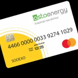 Karta płatnicza Asta Energy z logo i hasłem 'Inspiruje nas słońce', ważna do 12/25, z numerem 4466 0000 0033 9274 1029 i logo Sodexo.