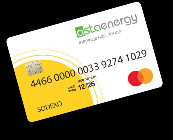 Karta płatnicza Asta Energy z logo i hasłem 'Inspiruje nas słońce', ważna do 12/25, z numerem 4466 0000 0033 9274 1029 i logo Sodexo.