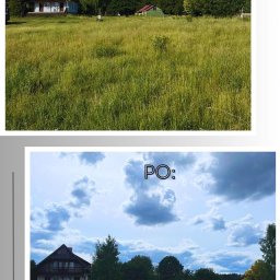 FILTOP Filip Bałdyga - Porównanie terenu przed i po: wysoka trawa przed domem zamieniona na krótko przystrzyżony trawnik.