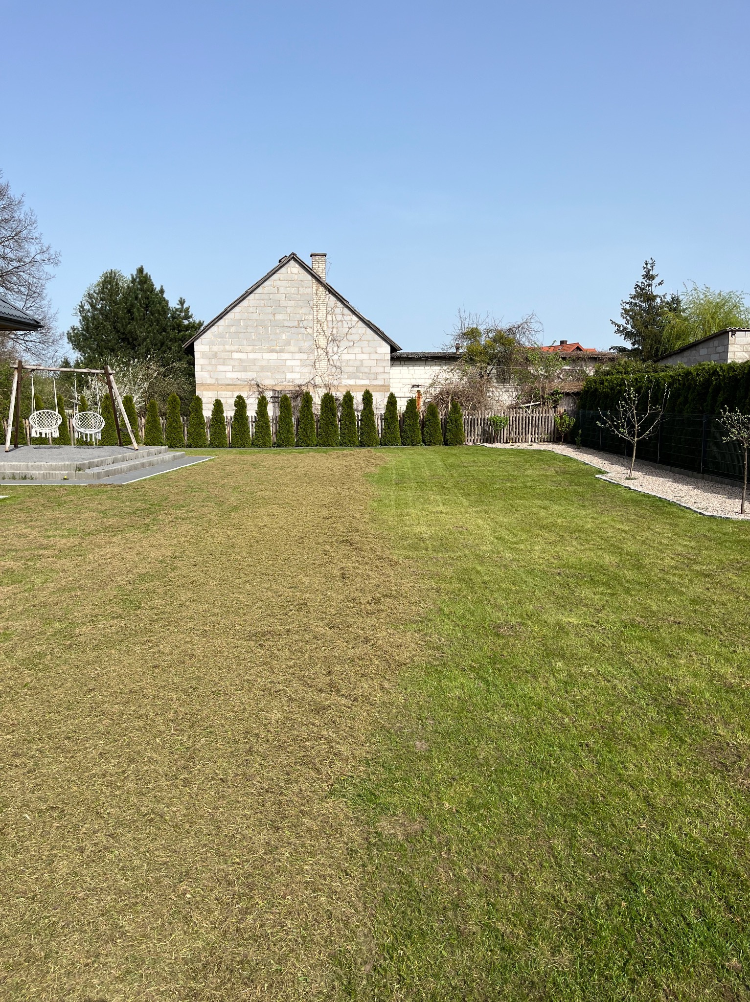 Rozległy, częściowo zielony trawnik z widocznymi śladami po wertykulacji, otoczony tujami i innymi roślinami. W tle dom z szarego bloczka i huśtawki ogrodowe.