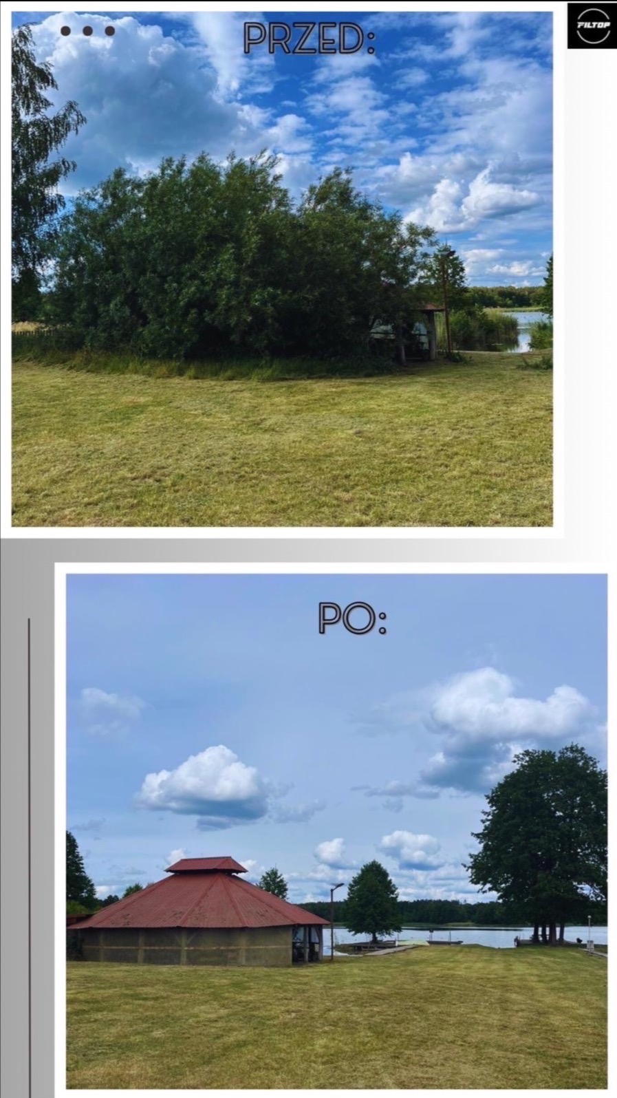 Porównanie terenu przed i po wycince drzew i krzewów: widok na jezioro z nowo postawioną altaną.