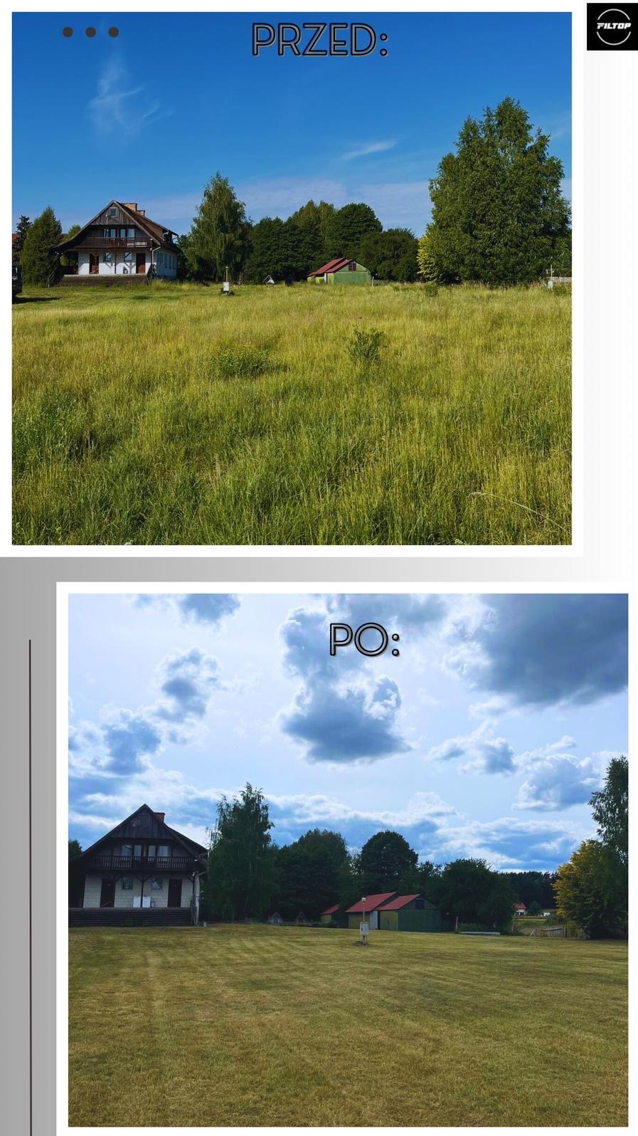 Porównanie terenu przed i po: wysoka trawa przed domem zamieniona na krótko przystrzyżony trawnik.