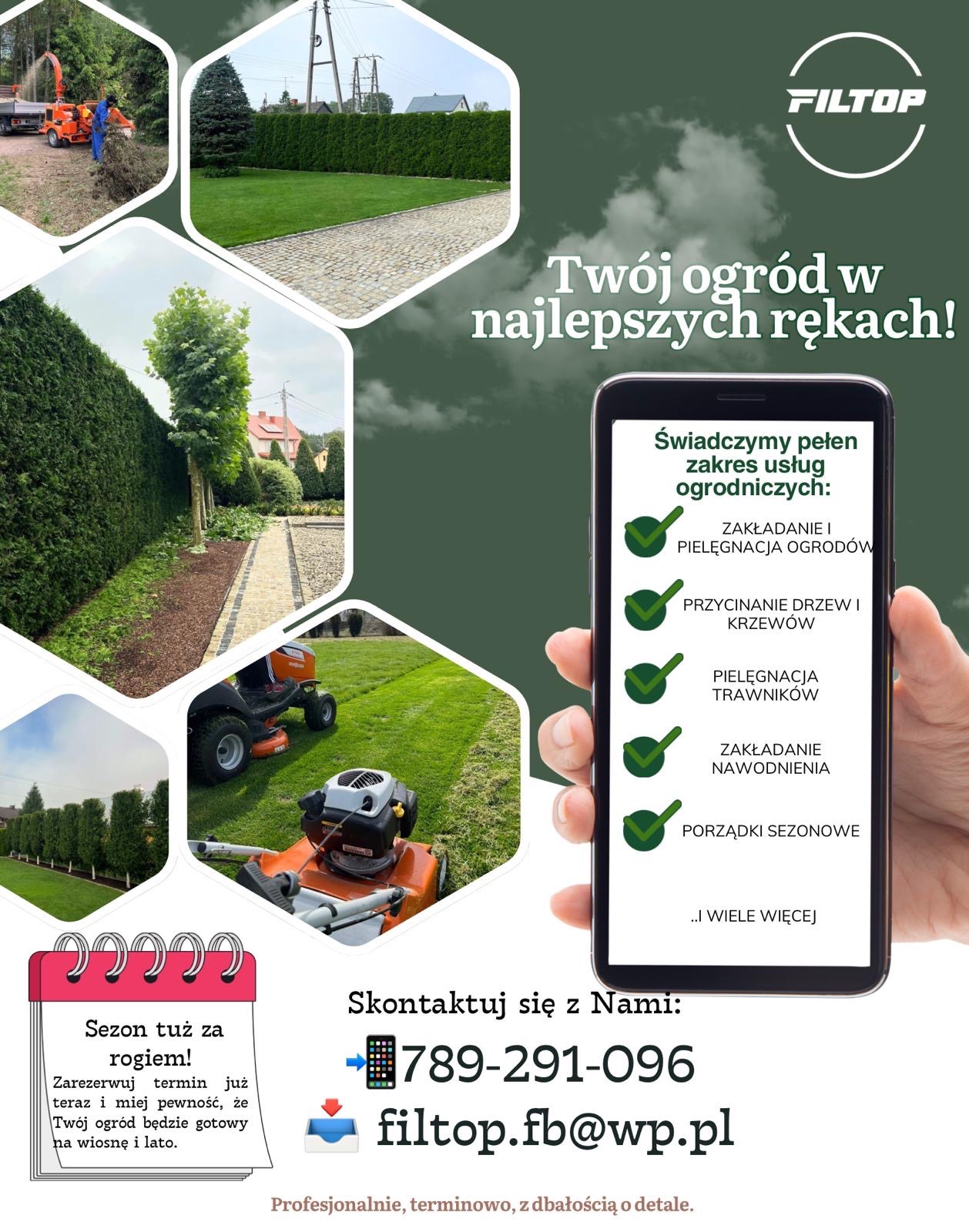 Grafika reklamowa firmy ogrodniczej z logo, prezentująca usługi: zakładanie, pielęgnacja ogrodów, przycinanie drzew, pielęgnacja trawników, nawodnienia i porządki sezonowe.