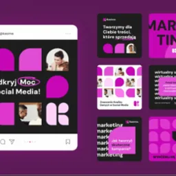 Graficzna prezentacja profilu marki Kasima na Instagramie, z hasłem 'Odkryj Moc Social Media!', otoczonym fioletowymi elementami graficznymi i miniaturami postów promujących tworzenie treści...