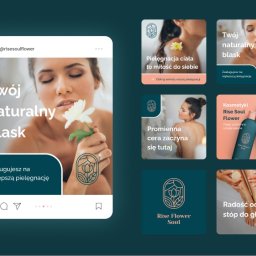 Kasima Sp. z o.o. - Grafika reklamowa kosmetyków Rise Flower Soul w formie kolażu postów z Instagrama, prezentująca hasła reklamowe: 'Twój naturalny blask', 'Pielęgnacja ciała to miłość do siebie', 'Promienna cera...