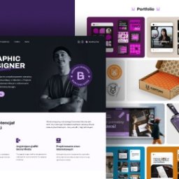 Kasima Sp. z o.o. - Portfolio graficzne prezentujące projekty: strona internetowa z wizerunkiem grafika, aplikacja mobilna z motywem fioletu, opakowanie kartonowe z nadrukiem, identyfikator z portretem.