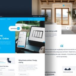 Kasima Sp. z o.o. - Kompozycja graficzna prezentująca stronę internetową z ofertą okien i drzwi, laptop z wizualizacją okna, oraz okno w ramce AR w realistycznym wnętrzu, podkreślająca możliwość wizualizacji produktów...